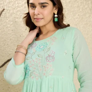 Green Embroidered A-Line Kurtas