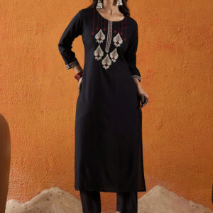 Black Embroidered Rayon Straight Kurta