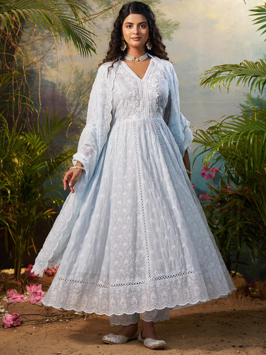 Blue Embroidered Pure Cotton Anarkali
