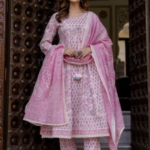 Pink Printed Anarkali Kurta Trousers With Dupatta Set