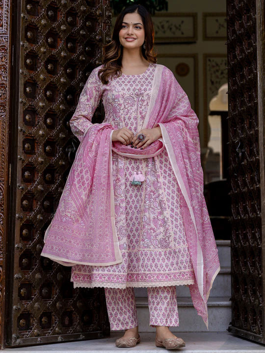 Pink Printed Anarkali Kurta Trousers With Dupatta Set