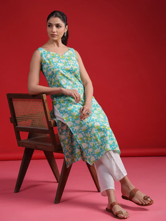 Blue Printed Straight Kurtas