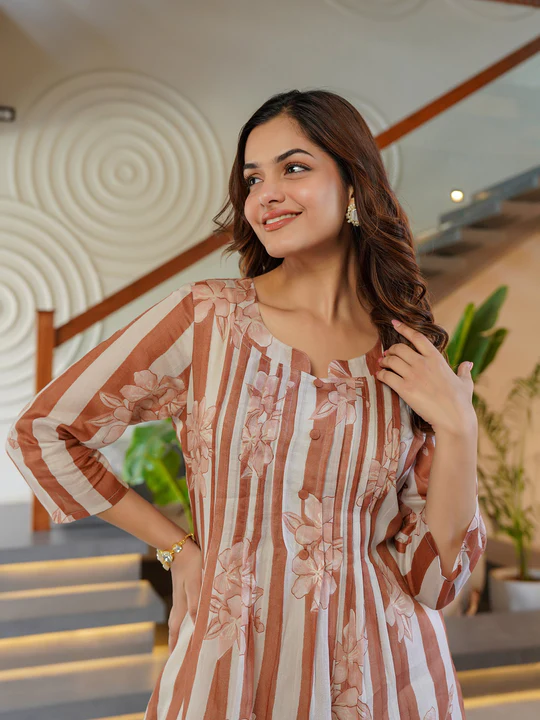 Brown Printed A Line Kurta Trouser set