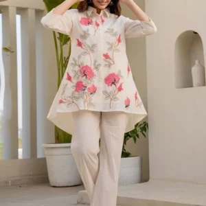 Off White Embroidered A Line Short Kurti Pant set