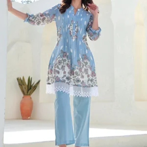 Blue Printed A-Line Pure Cotton kurta pant set