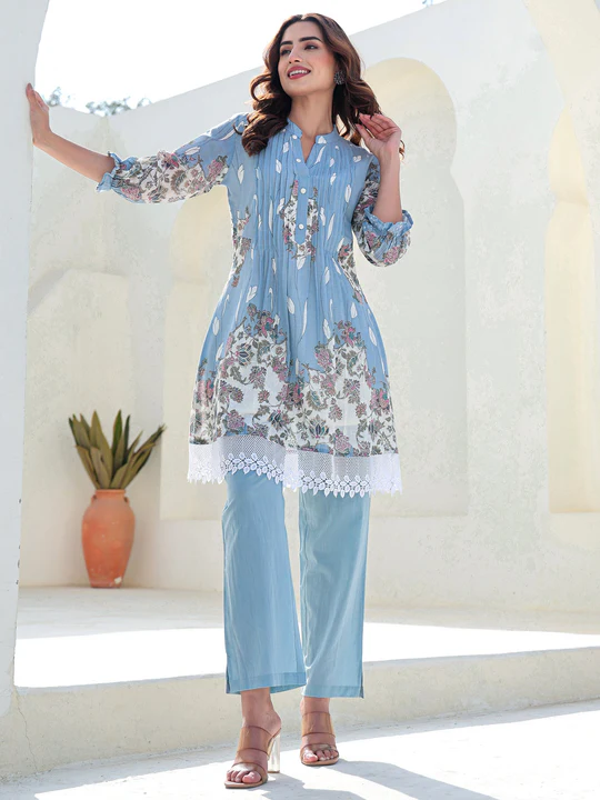 Blue Printed A-Line Pure Cotton kurta pant set
