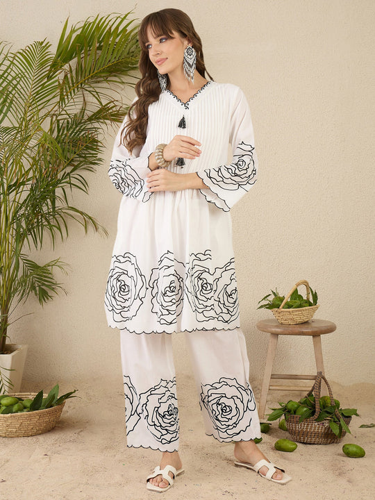 White Printed A Line Kurta Set