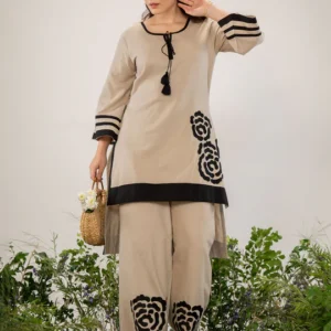 Beige Embroidered Straight Kurta Trouser set