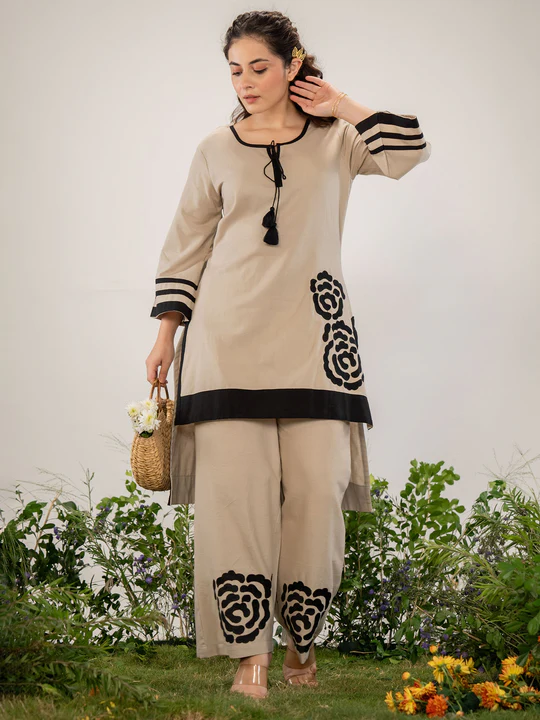 Beige Embroidered Straight Kurta Trouser set